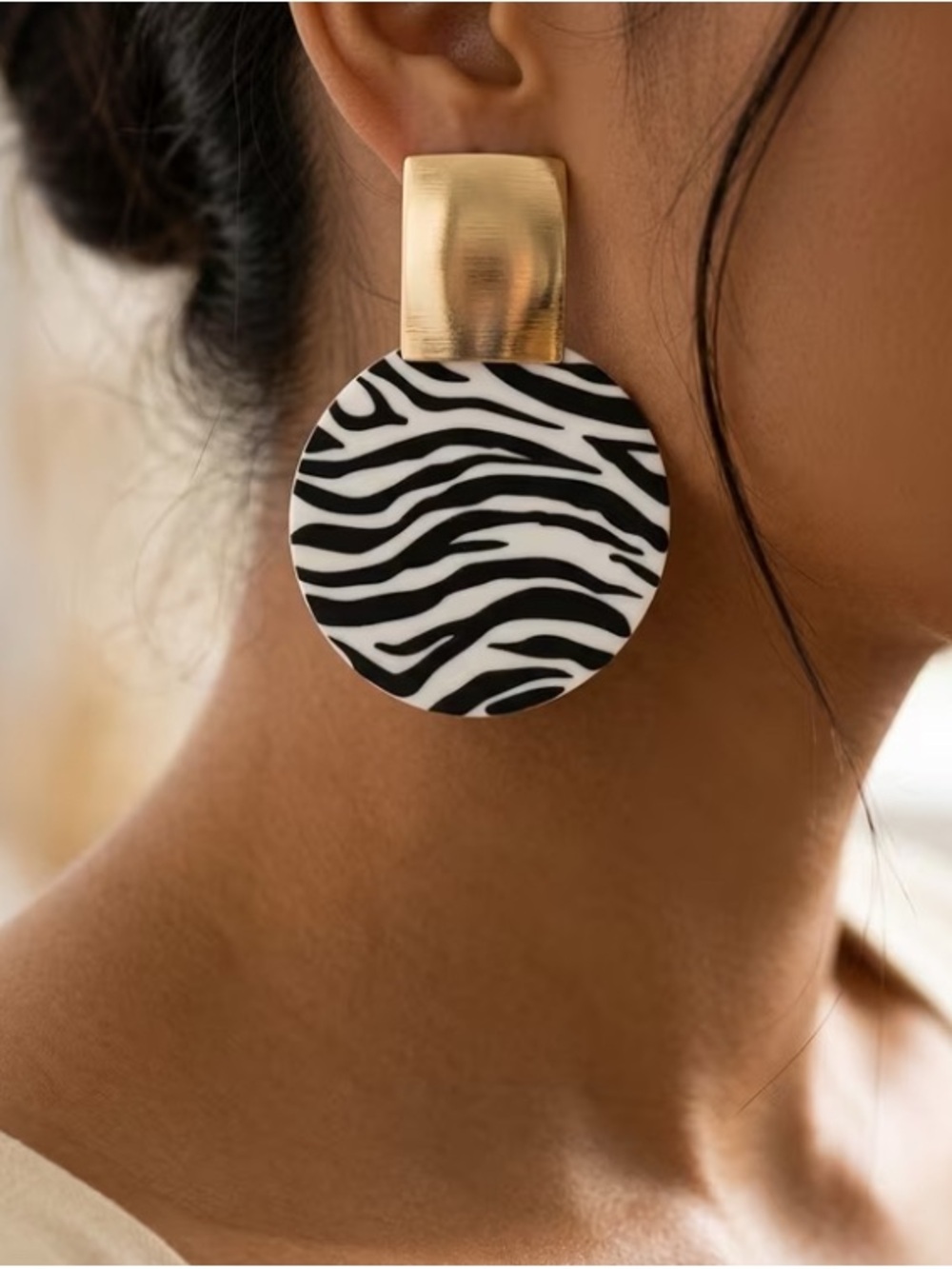 Gold and Black Zebra Disc Drop Earrings